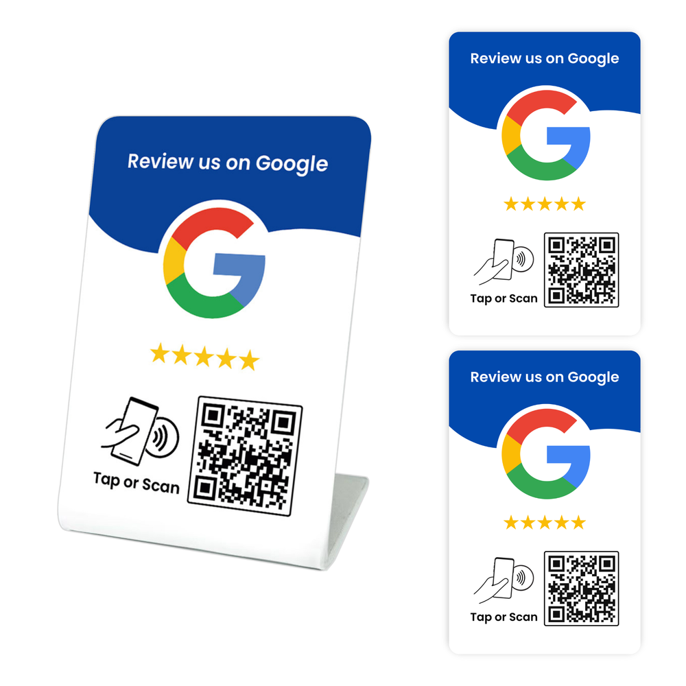 Google review NFC stand with two matching blue and white tap cards
